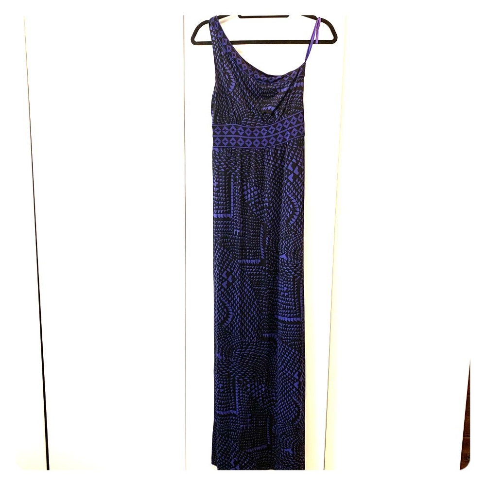 BCBG Blue and Black one shoulder Maxi Dress